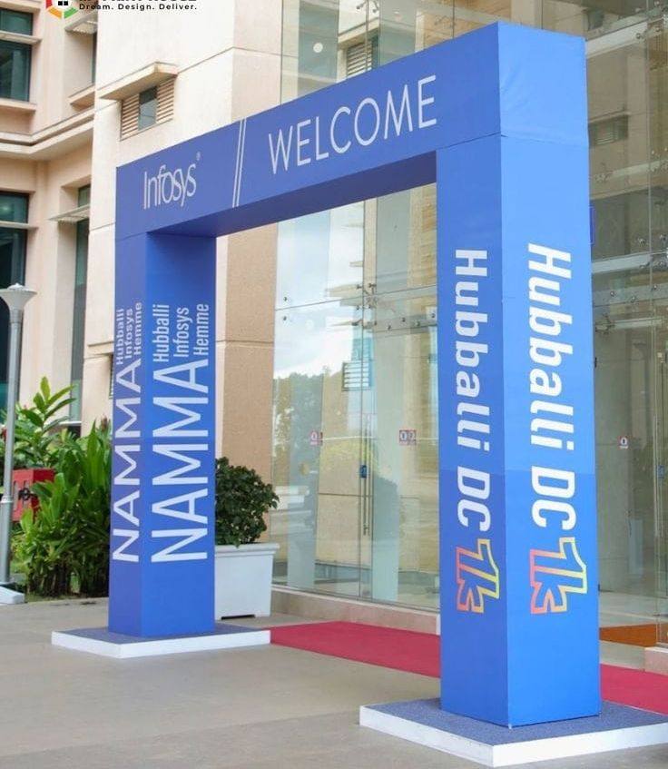 Branded welcome arch at a corporate campus