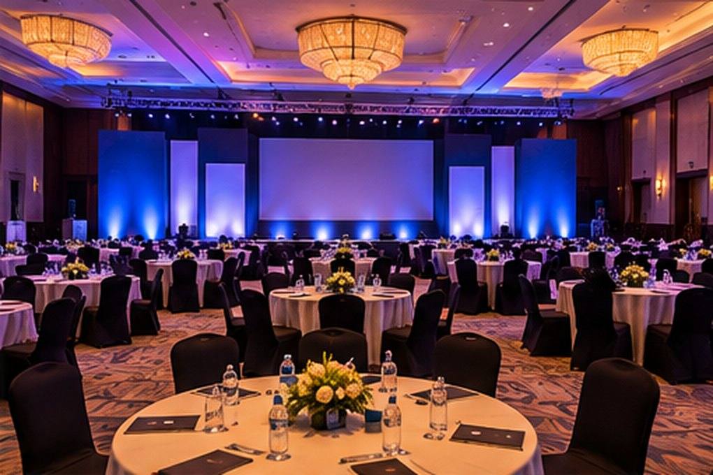 Hotel ballroom set for a corporate dealer meet with round tables and blue stage lighting