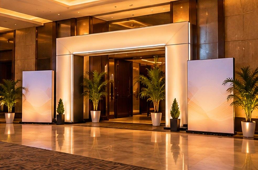 Illuminated branded entrance arch and standees in a hotel foyer