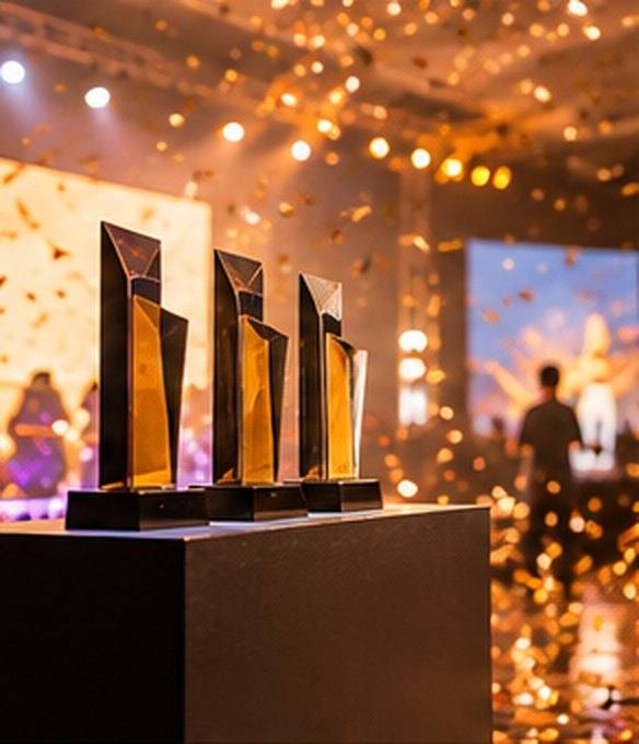Award trophies on a lit plinth at a corporate award night